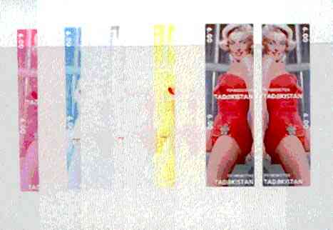 Tadjikistan 1999 Marilyn Monroe sheetlet of 2 (Marilyn in Mirror), the set of 5 imperf progressive colour proofs comprising various 2, 3 and all 4-colour composite, stamps on , stamps on  stamps on music, stamps on entertainments, stamps on marilyn monroe, stamps on films, stamps on cinema, stamps on personalities