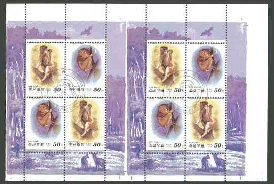 North Korea 2000 Primates joined pair of m/sheets from uncut archive sheet with special illustrated cancel, extremely rare thus, stamps on animals, stamps on apes
