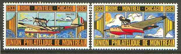 Cinderella - Canada 1933 set of 2 beautifully coloured labels showing the Savoir-Macchi 55X produced by Union Philatelique de Montreal unmounted mint, stamps on , stamps on  stamps on aviation