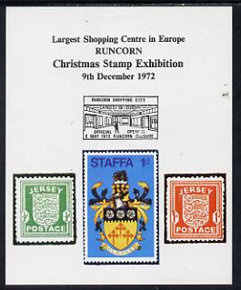 Exhibition souvenir sheet for 1972 Runcorn Christmas Stamp Exhibition showing Jersey Wartime pair plus Staffa 'local', stamps on , stamps on  stamps on christmas       stamp exhibitions      cinderella