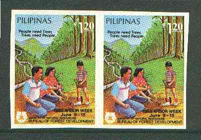 Philippines 1985 Tree Week 1p20 imperf pair on gummed wmk'd paper (from the single imperf archive sheet) as SG 1924, stamps on , stamps on  stamps on trees