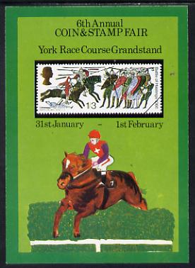 Exhibition souvenir sheet for 1975 6th York Coin & Stamp Fair showing  Great Britain Hastings 1s3d unmounted mint, stamps on , stamps on  stamps on battles, stamps on  stamps on history, stamps on  stamps on horses, stamps on  stamps on textiles, stamps on  stamps on cinderella, stamps on  stamps on stamp exhibitions, stamps on  stamps on vikings, stamps on  stamps on horse racing