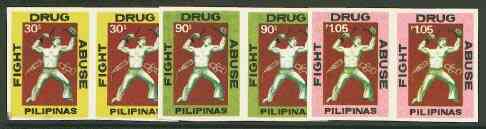Philippines 1979 Fight Drug Abuse set of 3 in imperf pairs on gummed wmk'd paper (from the single imperf archive sheets) as SG 1536-38, stamps on drugs