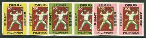 Philippines 1979 Fight Drug Abuse set of 3 in imperf pairs on gummed wmkd paper (from the single imperf archive sheets) as SG 1536-38, stamps on drugs