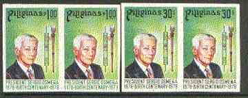 Philippines 1978 Sergio Osmena Birth Centenary set of 2 in imperf pairs on gummed wmk'd paper (from the single imperf archive sheets) as SG 1470-71 (sl discolouration on reverse), stamps on personalities, stamps on constitutions