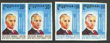 Philippines 1978 Manuel L Quezon Birth Centenary set of 2 in imperf pairs on gummed wmk'd paper (from the single imperf archive sheets) as SG 1467-68, stamps on , stamps on  stamps on personalities, stamps on constitutions