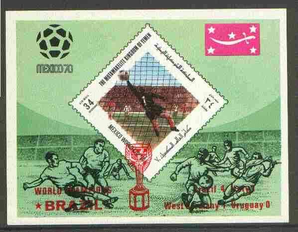 Yemen - Royalist 1970 World Cup Football 34b value (diamond shaped) imperf m/sheet unmounted mint optd Brazil World Champions in red , stamps on football, stamps on sport