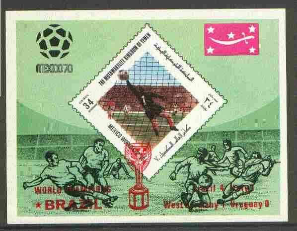 Yemen - Royalist 1970 World Cup Football 34b value (diamond shaped) imperf m/sheet unmounted mint opt'd 'Brazil World Champions' in red , stamps on , stamps on  stamps on football, stamps on  stamps on sport