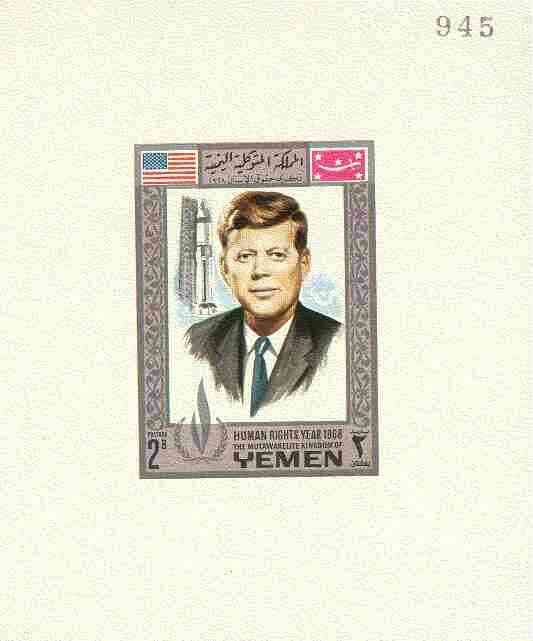 Yemen - Royalist 1968 Human Rights Year 2b (J F Kennedy) imperf individual de-luxe sheet unmounted mint, stamps on , stamps on  stamps on human rights, stamps on kennedy, stamps on personalities