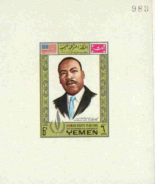 Yemen - Royalist 1968 Human Rights Year 6b (Martin Luther King) imperf individual de-luxe sheet unmounted mint, stamps on , stamps on  stamps on human rights, stamps on personalities, stamps on nobel