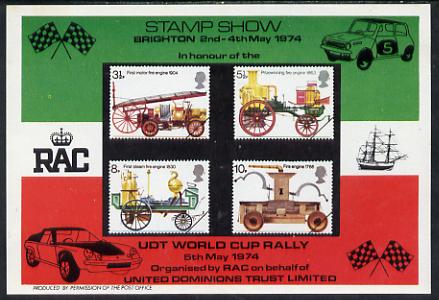 Exhibition souvenir sheet for 1974 Brighton Stamp Exhibition showing Great Britain Fire Engines set of 4 featuring UDT rally sponsored by RAC, stamps on , stamps on  stamps on fire, stamps on  stamps on transport, stamps on  stamps on cars, stamps on  stamps on mini, stamps on  stamps on cinderella, stamps on  stamps on rescue, stamps on  stamps on stamp exhibitions