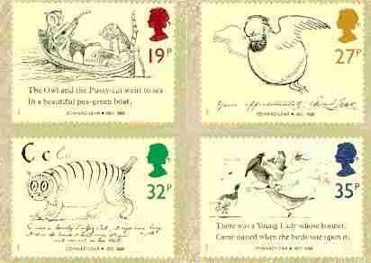 Great Britain 1988 Death Centenary of Edward Lear (Artist & Author) set of 4 PHQ cards unused and pristine, stamps on , stamps on  stamps on arts, stamps on cats, stamps on literature, stamps on books, stamps on death, stamps on honey