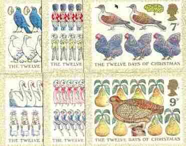 Great Britain 1977 Christmas - Twelve Days of Christmas set of 6 PHQ cards unused and pristine, stamps on christmas, stamps on dancing, stamps on music, stamps on fruit