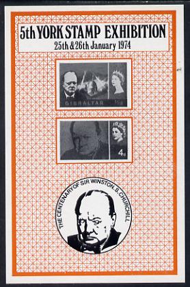 Exhibition souvenir sheet for 1974 5th York Coin & Stamp Fair showing Churchill stamps unmounted mint, stamps on , stamps on  stamps on churchill  personalities, stamps on  stamps on stamp exhibitions      cinderella