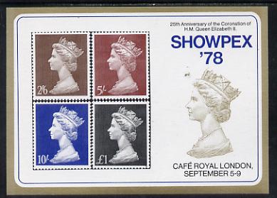 Exhibition souvenir sheet for 1978 Showpex showing  Great Britain Machin high values set of 4 unmounted mint, stamps on , stamps on  stamps on stamp exhibitions, stamps on  stamps on royalty      cinderella