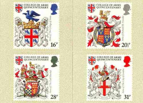 Great Britain 1984 College of Arms 500th Anniversary set of 4 PHQ cards unused and pristine, stamps on arms, stamps on heraldry