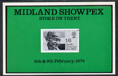 Exhibition souvenir sheet for 1974 Midland Showpex showing  Great Britain Gandhi stamp, stamps on , stamps on  stamps on personalities        cinderella     stamp exhibitions    gandhi