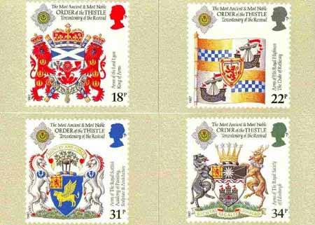 Great Britain 1987 Revival of the Order of the Thistle set of 4 PHQ cards unused and pristine, stamps on arms, stamps on heraldry
