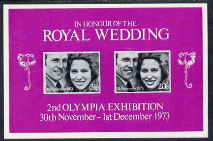 Exhibition souvenir sheet for 1973 Olympia Exhibition showing Great Britain Royal Wedding pair unmounted mint, stamps on royalty    stamp exhibitions      cinderella    anne & mark