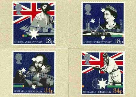 Great Britain 1988 Bicentenary of Australian Settlement set of 4 PHQ cards unused and pristine, stamps on , stamps on  stamps on cricket, stamps on  stamps on tennis, stamps on  stamps on flags, stamps on  stamps on shakespeare, stamps on  stamps on music, stamps on  stamps on london, stamps on  stamps on ships, stamps on  stamps on beatles