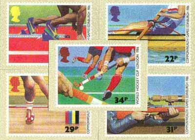 Great Britain 1986 Commonwealth Games & World Hockey Cup set of 5 PHQ cards unused and pristine, stamps on , stamps on  stamps on sport, stamps on field hockey, stamps on weightlifting, stamps on rifle, stamps on rowing, stamps on athletics