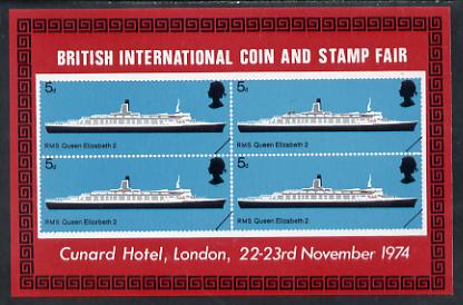 Exhibition souvenir sheet for 1974 Coin & Stamp Fair showing Great Britain Ships (RMS QE2 5d block of 4) unmounted mint, stamps on , stamps on  stamps on ships, stamps on cinderella, stamps on qe2, stamps on stamp exhibitions, stamps on  stamps on scots, stamps on  stamps on scotland