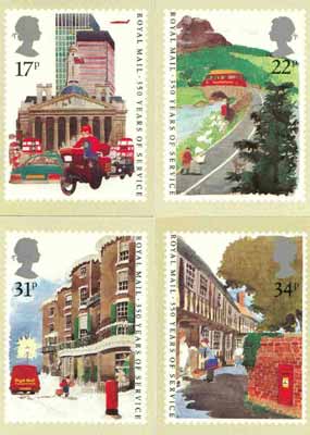 Great Britain 1985 Royal Mail 350 Years set of 4 PHQ cards unused and pristine, stamps on , stamps on  stamps on postal, stamps on postbox, stamps on motorbikes, stamps on buses, stamps on postman