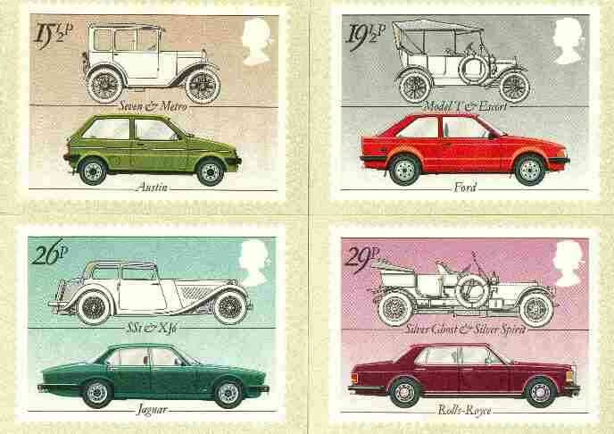 Great Britain 1982 British Motor Cars set of 4 PHQ cards unused and pristine, stamps on , stamps on  stamps on cars, stamps on austin, stamps on ford, stamps on jaguar, stamps on rolls royce