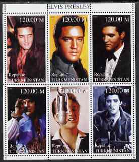 Turkmenistan 1999 Elvis Presley perf sheetlet containing set of 6 values unmounted mint, stamps on , stamps on  stamps on music, stamps on personalities, stamps on elvis, stamps on entertainments, stamps on films, stamps on cinema, stamps on 