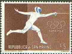 San Marino 1960 Fencing 5L (from Olympic Games set) unmounted mint SG 607*, stamps on , stamps on  stamps on sport, stamps on fencing