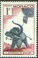 Monaco 1955 Elephant & Balloon 1c (From Jules Verne set) unmounted mint SG 529*, stamps on , stamps on  stamps on elephants, stamps on balloons, stamps on sci-fi, stamps on  stamps on literature