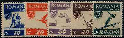 Rumania 1946 Sports perf set of 5 unmounted mint, SG 1816A-20A, stamps on , stamps on  stamps on sport, stamps on  stamps on diving, stamps on  stamps on running, stamps on  stamps on football, stamps on  stamps on skiing, stamps on  stamps on mountaineering