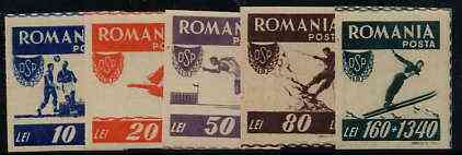 Rumania 1946 Sports imperf set of 5 unmounted mint, SG 1816B-20B, stamps on , stamps on  stamps on sport, stamps on  stamps on diving, stamps on  stamps on running, stamps on  stamps on football, stamps on  stamps on skiing, stamps on  stamps on mountaineering