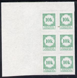 Nigeria 1987 postage due 10k green corner block of 6 rouletted 9 (SG D14a) unmounted mint, stamps on , stamps on  stamps on nigeria 1987 postage due 10k green corner block of 6 rouletted 9 (sg d14a) unmounted mint