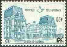 Belgium 1972 Railway Parcels - Ostend Station 66f on 61f turquoise-blue unmounted mint, SG P2262, stamps on , stamps on  stamps on railways