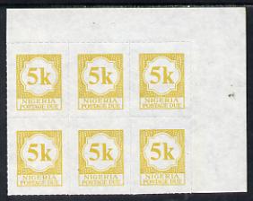 Nigeria 1987 postage due 5k yellow corner block of 6 rouletted 9 SG D13a unmounted mint, stamps on , stamps on  stamps on nigeria 1987 postage due 5k yellow corner block of 6 rouletted 9 sg d13a unmounted mint