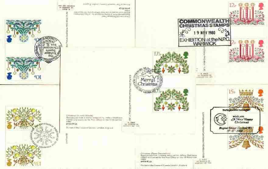 Great Britain 1980 Christmas set of 5 PHQ cards with appropriate gutter pairs each very fine used with first day cancels, stamps on christmas, stamps on candles