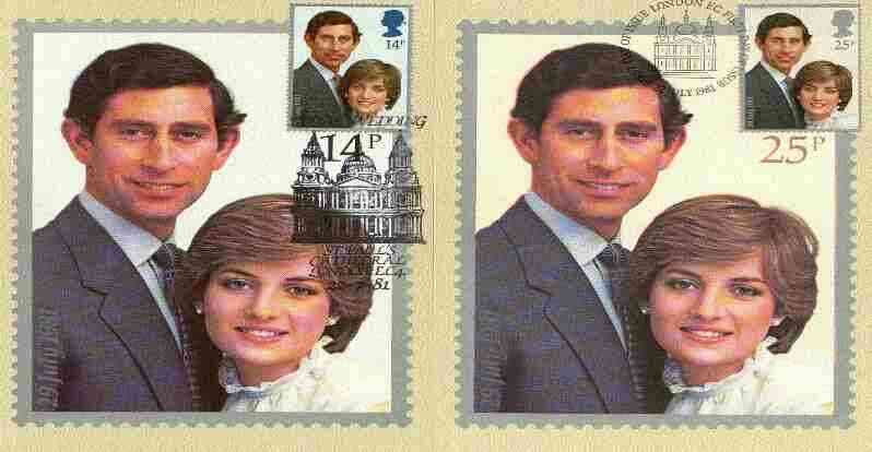 Great Britain 1981 Royal Wedding set of 2 PHQ cards with appropriate stamps each very fine used with first day cancels, stamps on royalty, stamps on diana, stamps on charles, stamps on 