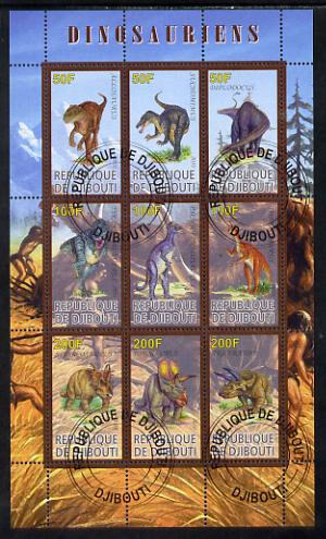 Djibouti 2010 Dinosaurs perf sheetlet containing 9 values fine cto used, stamps on , stamps on  stamps on dinosaurs