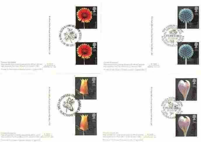 Great Britain 1987 Flower Photographs set of 4 PHQ cards with appropriate gutter pairs each very fine used with first day cancels