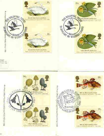 Great Britain 1988 Bicentenary of Linnean Society set of 4 PHQ cards with appropriate gutter pairs each very fine used with first day cancels, stamps on fish, stamps on flowers, stamps on birds, stamps on fungi