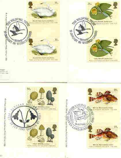 Great Britain 1988 Bicentenary of Linnean Society set of 4 PHQ cards with appropriate gutter pairs each very fine used with first day cancels, stamps on , stamps on  stamps on fish, stamps on flowers, stamps on birds, stamps on fungi