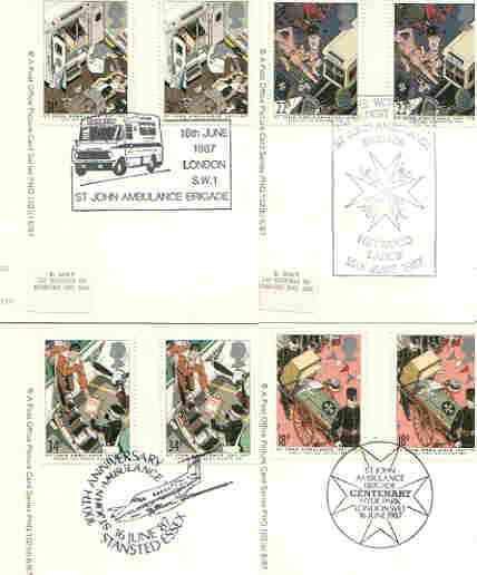 Great Britain 1987 Centenary of St John Ambulance Service set of 4 PHQ cards with appropriate gutter pairs each very fine used with first day cancels, stamps on , stamps on  stamps on medical, stamps on ambulance, stamps on rescue, stamps on red cross, stamps on aviation