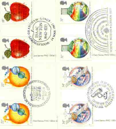 Great Britain 1987 Newton's Principles of Mathematics set of 4 PHQ cards with appropriate gutter pairs each very fine used with first day cancels, stamps on , stamps on  stamps on maths, stamps on science, stamps on astronomy