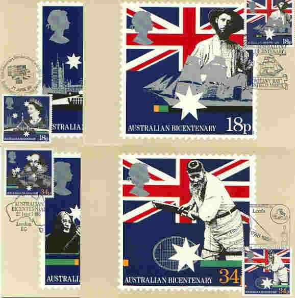 Great Britain 1988 Bicentenary of Australian Settlement set of 4 PHQ cards with appropriate stamps each very fine used with first day cancels, stamps on , stamps on  stamps on cricket, stamps on  stamps on tennis, stamps on  stamps on flags, stamps on  stamps on shakespeare, stamps on  stamps on music, stamps on  stamps on london, stamps on  stamps on ships, stamps on  stamps on beatles