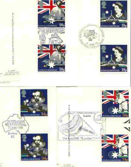 Great Britain 1988 Bicentenary of Australian Settlement set of 4 PHQ cards with appropriate gutter pairs each very fine used with first day cancels, stamps on , stamps on  stamps on cricket, stamps on  stamps on tennis, stamps on  stamps on flags, stamps on  stamps on shakespeare, stamps on  stamps on music, stamps on  stamps on london, stamps on  stamps on ships, stamps on  stamps on beatles