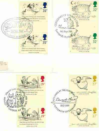 Great Britain 1988 Death Centenary of Edward Lear (Artist & Author) set of 4 PHQ cards with appropriate gutter pairs each very fine used with first day cancels, stamps on , stamps on  stamps on arts, stamps on cats, stamps on literature, stamps on books, stamps on death, stamps on honey