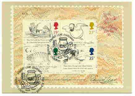 Great Britain 1988 Death Centenary of Edward Lear (Artist & Author) m/sheet on PHQ card very fine used with first day cancels, stamps on , stamps on  stamps on arts, stamps on cats, stamps on literature, stamps on books, stamps on death, stamps on honey