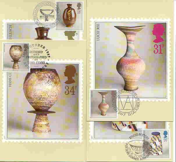 Great Britain 1987 Studio Pottery set of 4 PHQ cards with appropriate stamps each very fine used with first day cancels, stamps on pottery, stamps on ceramics