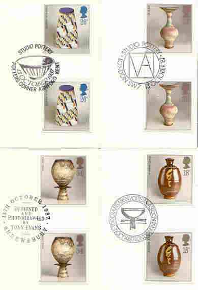 Great Britain 1987 Studio Pottery set of 4 PHQ cards with appropriate gutter pairs each very fine used with first day cancels, stamps on pottery, stamps on ceramics
